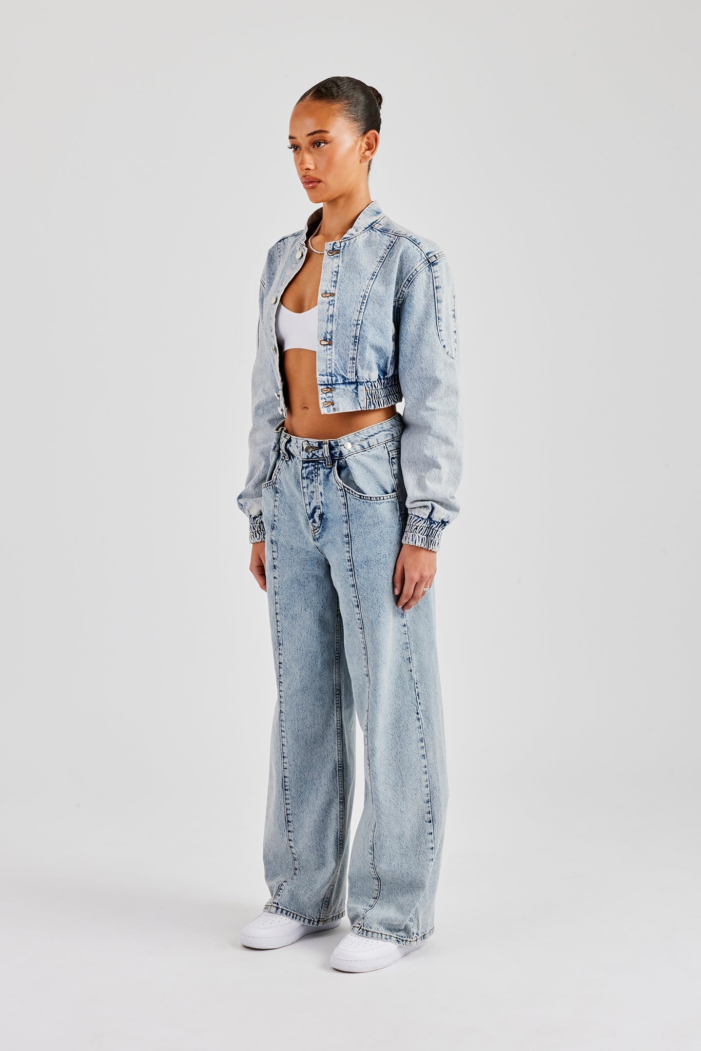 Denim Bomber Jacket & Baggy Waist Button Jean - Light Vintage